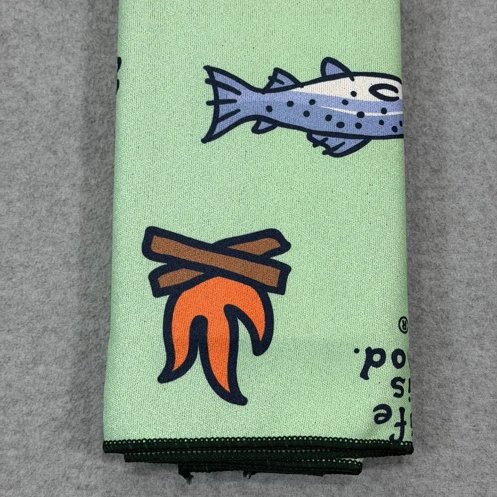 Life is Good Quick Dry Towel Micro Terry Beach Camp Travel Fish 72x30 Green NWT